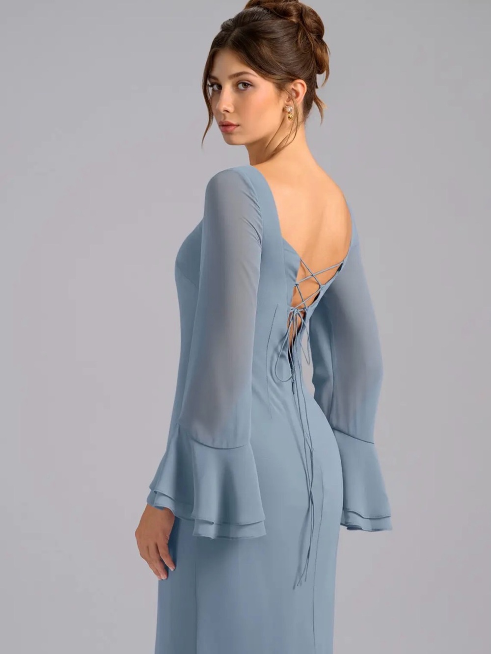Twilight Blue  Long Sleeve Lace-Up Back Evening Dress